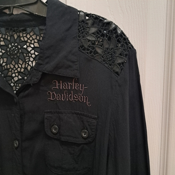 Harley Davidson Shirt Women's Size Large Black Crochet Flower Accents Rayon - Picture 4 of 13